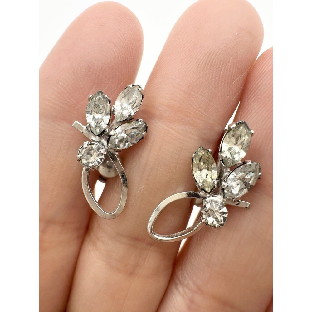 Vintage Sterling Silver Clear Rhinestone Floral Screw Back Earrings